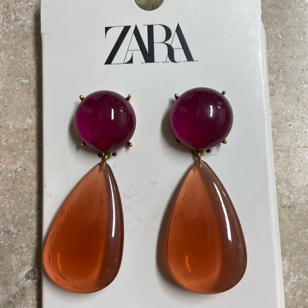 Zara two-tone resin drop earrings tear drop magneta and orange dangle new - Picture 1 of 2